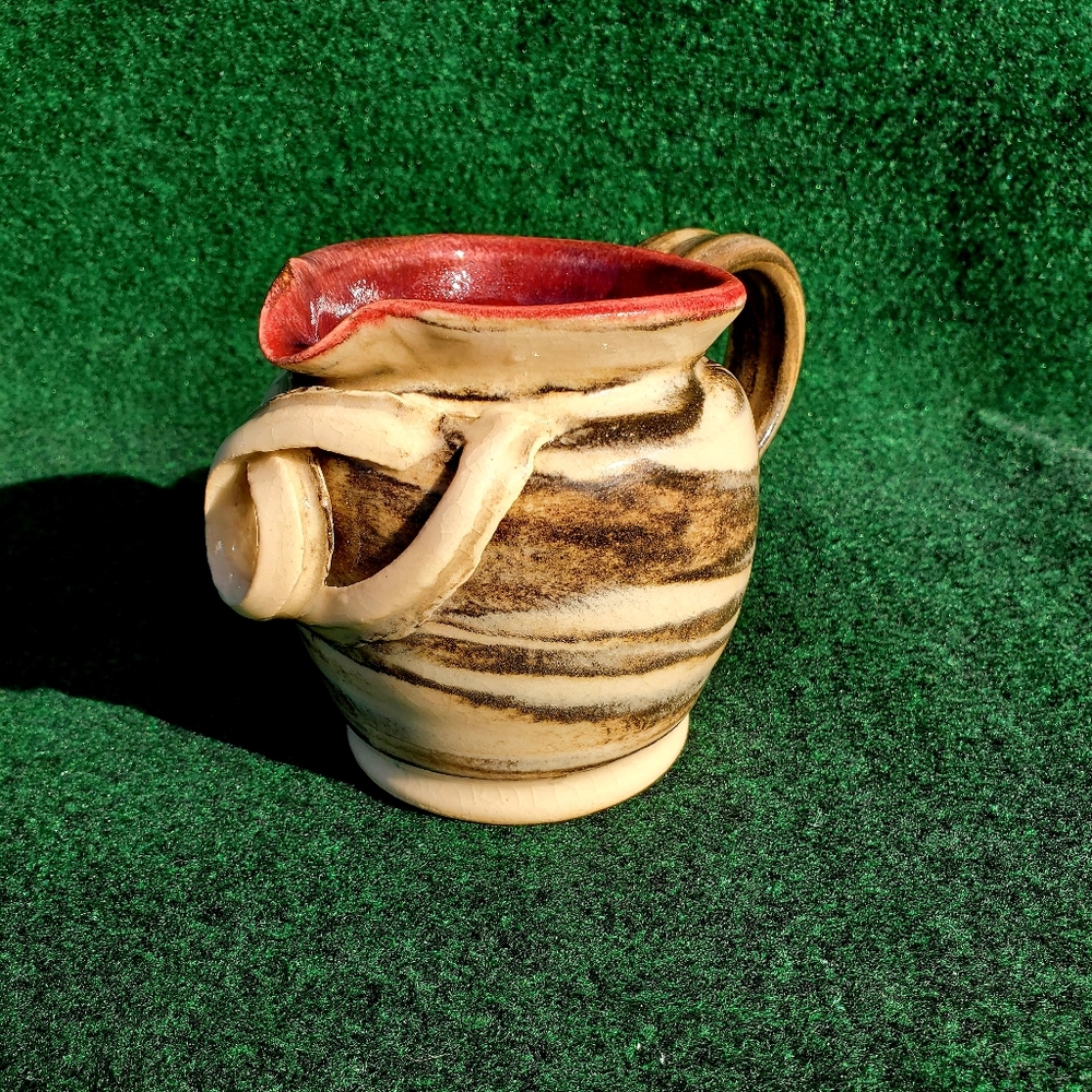 Kari Erickson Pottery Pitcher Height Approx 5" Tan Brown Red Glazed Handle Knot
